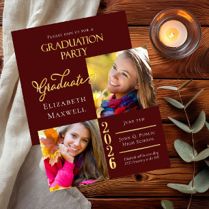 Convites Maroon Gold Photo Graduation Announcement   Party