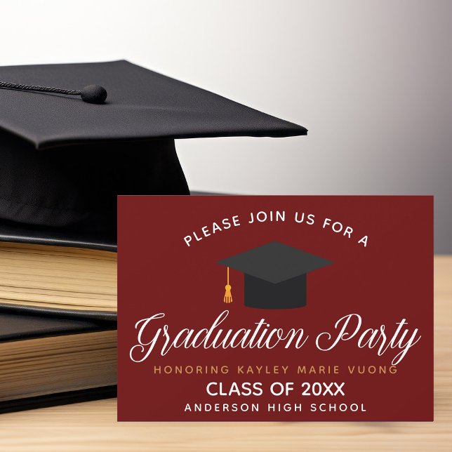 Convites Maroon Graduation Typografia Custom School Party (Criador carregado)