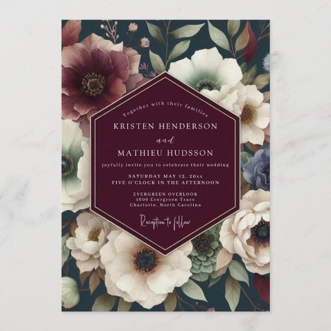 Convites Maroon Midnight Floral Wedding (Frente)