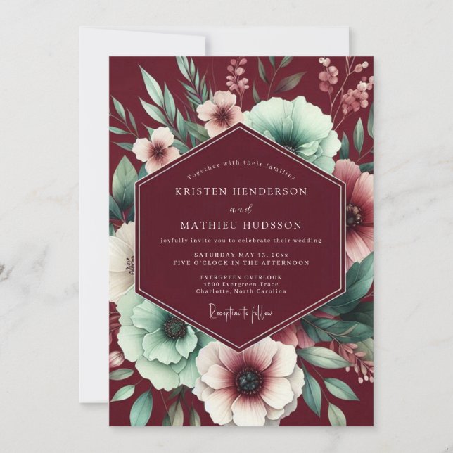 Convites Maroon Mint Poetic Bloom Wedding (Frente)