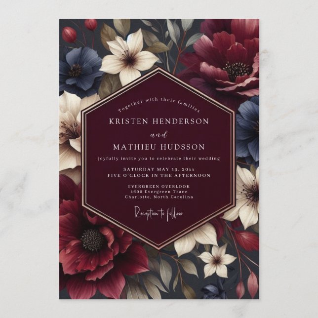 Convites Maroon Nocturnal Bloom Wedding (Frente)