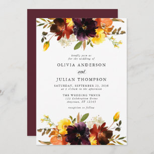Convites Maroon & Orange Fall Floral Watercolor Casamento I