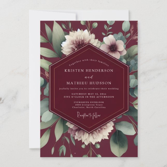 Convites Maroon Painterly Flora Wedding (Frente)