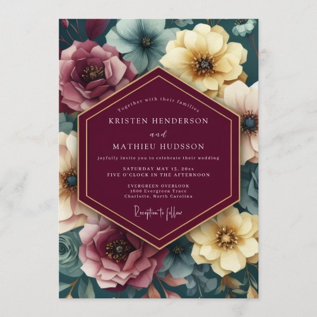 Convites Maroon Painterly Floral Wedding (Frente)