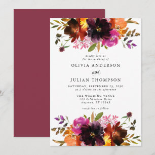 Convites Maroon Pink Orange Fall Floral Watercolor Casament