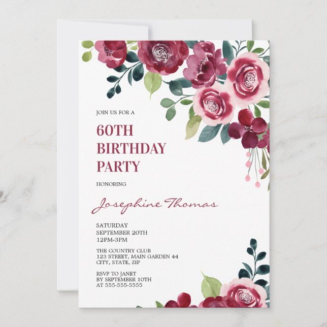 Convites Maroon Pink Rose Floral Greenery Birthday (Frente)