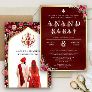 Convites Maroon Red Typografia Anand Karaj Sikh Casamento