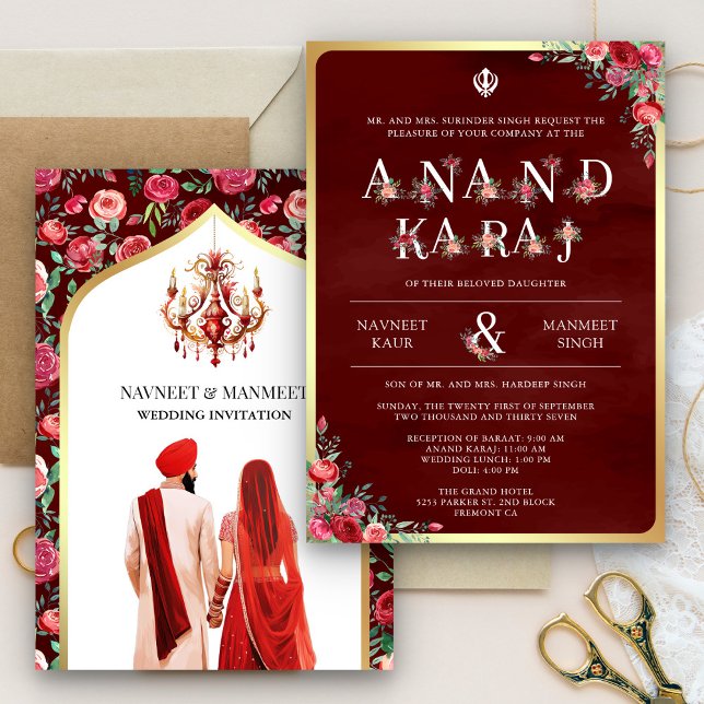 Convites Maroon Red Typografia Anand Karaj Sikh Casamento (Criador carregado)