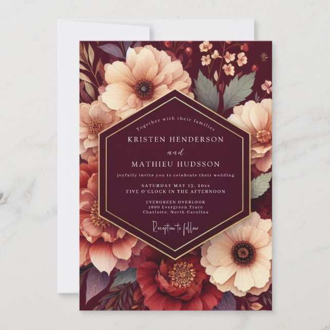 Convites Maroon Rich Floral Wedding (Frente)