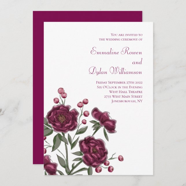 Convites Maroon Rose Wedding (Frente/Verso)