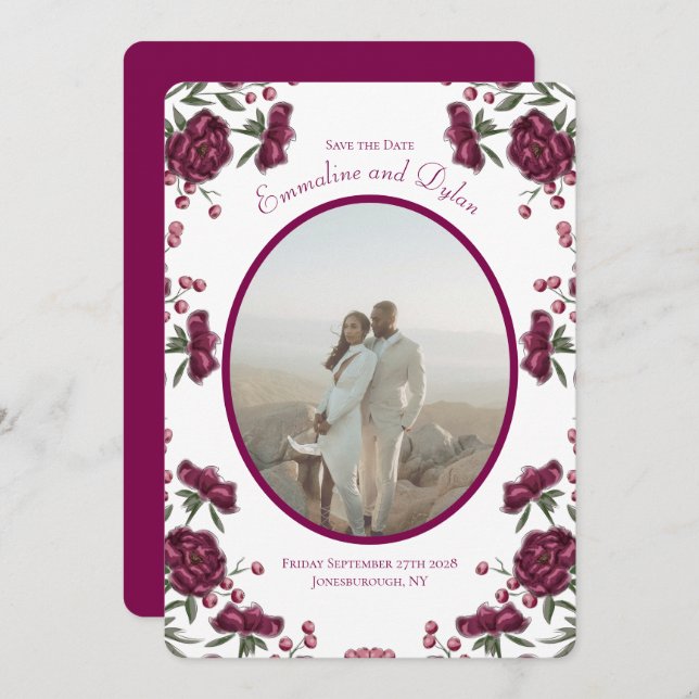 Convites Maroon Rose Wedding Save the Date (Frente/Verso)