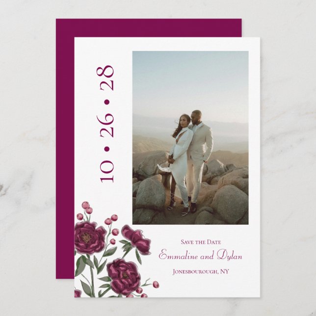 Convites Maroon Rose Wedding Save the Date (Frente/Verso)