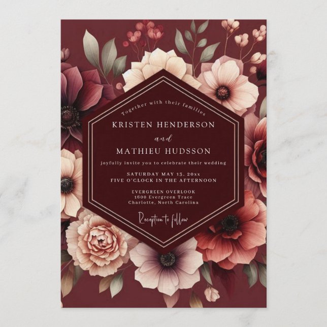 Convites Maroon Somber Bloom Wedding (Frente)