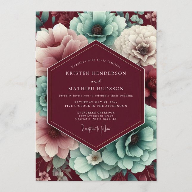 Convites Maroon & Teal Autumnal Bloom Wedding (Frente)