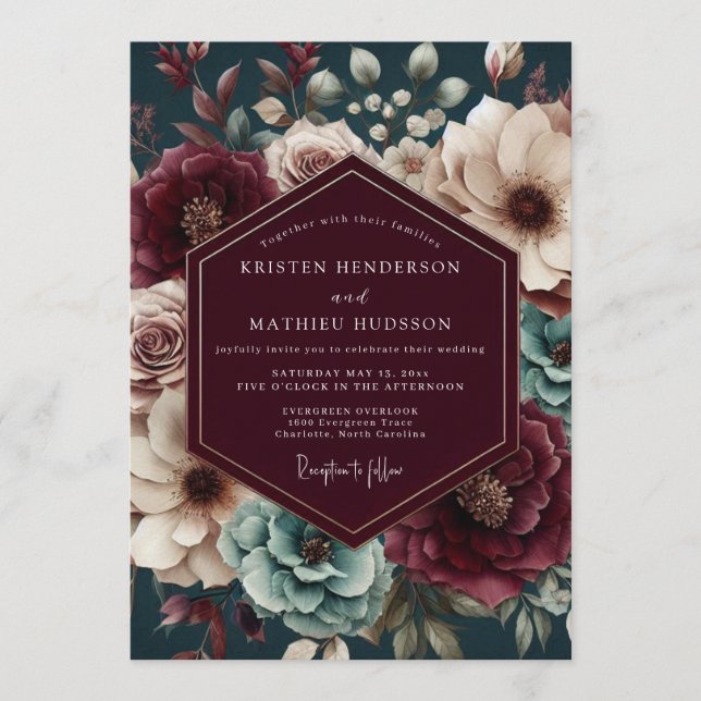 Convites Maroon & Teal Moody Floral Wedding (Frente)