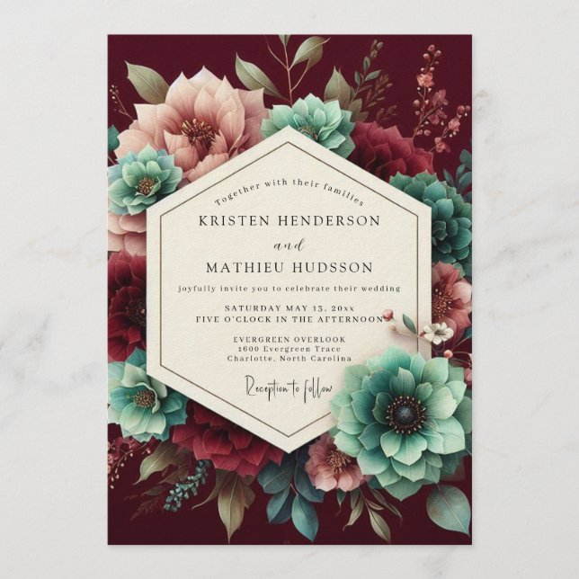 Convites Maroon Teal Opulent Flora Wedding (Frente)