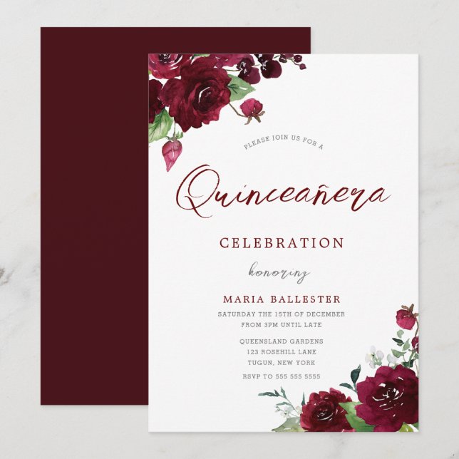 Convites Maroon Watercolor Flowers Quinceanera (Frente/Verso)