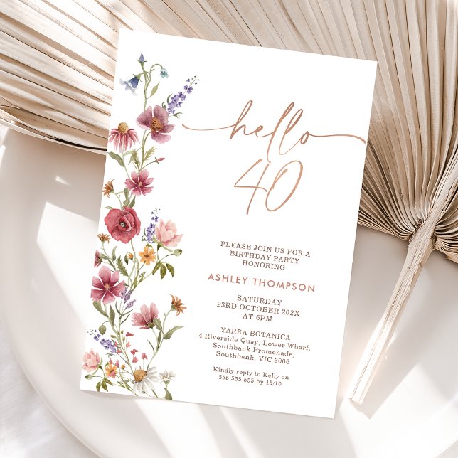 Convites Maroon Wildflower Hello 40 Quarenta Aniversário (Wildflower 40th Birthday Invitation Women, Hello Forty Editable Invitation Template, Boho 40th )