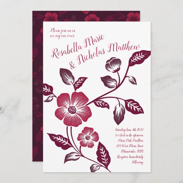 Convites Maroon Wine Dark Letterpress Casamento Floral (Frente/Verso)