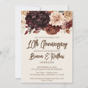 Convites Marrom Bege Marfim Floral 10º Aniversário de Casam