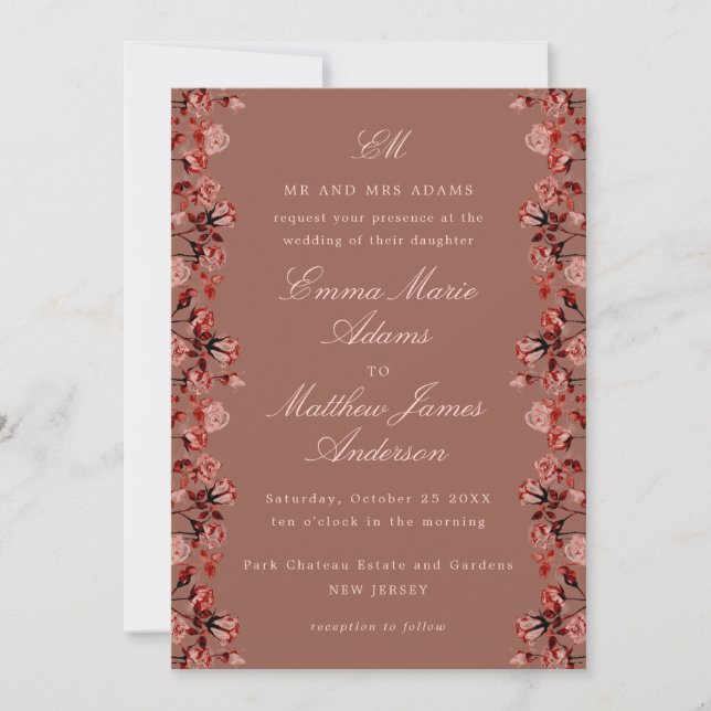 Convites Marrom Borgonha Aquarela Casamento Rústico Boho Ch (Frente)