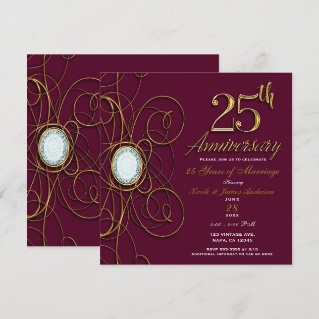 Convites Marrom Borgonha & Diamante Dourado 25 Aniversário  (Frente/Verso)