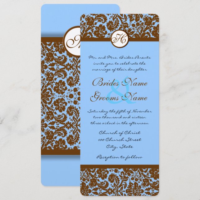 Convites Marrom Damask On Powder Blue Weding Invitation (Frente/Verso)