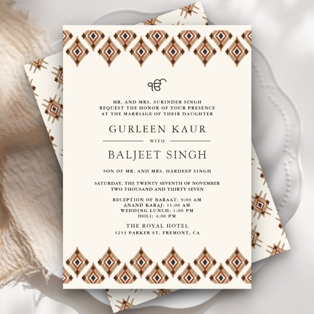 Convites Marrom Geométrico Ikat Anand Karaj Casamento Sikh (Criador carregado)