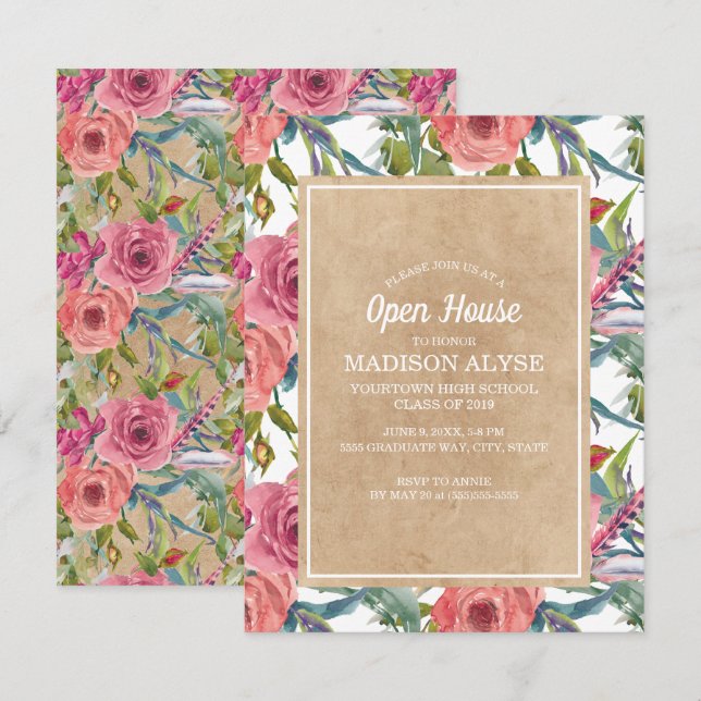 Convites Marrom Kraft Rosa Boho Floral Graduação Casa Abert (Frente/Verso)