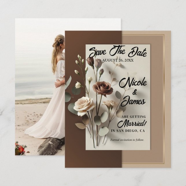 Convites Marrom Mocha Café Au Lait Neutro Floral Save Date (Frente/Verso)