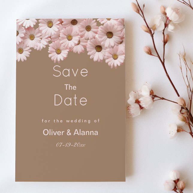 Convites Marrom rosa elegante marrom marrom floral Salve a  (Elegant pink brown daisies floral Save The Date)