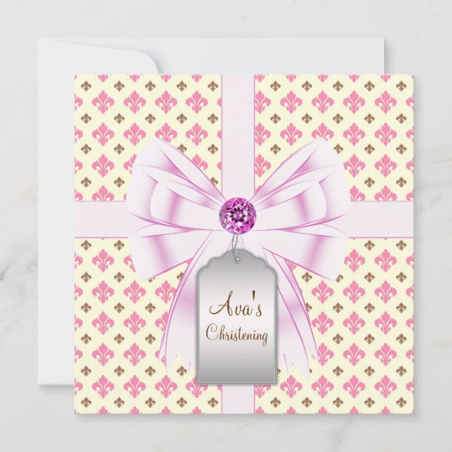 Convites Marrom Rosa Fleur de Lis Batizado de Bebê (Frente)
