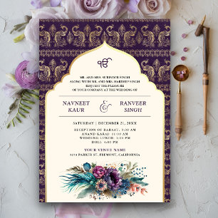 Convites Marrom-roxo Marfim Anand Karaj Casamento Sikh