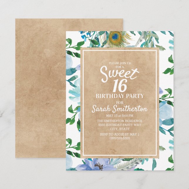 Convites Marrom Rústico Kraft Azul Branco Floral Doce 16 (Frente/Verso)
