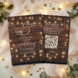 Convites Marrom Wood Rustic String Luzes QR Code Casamento