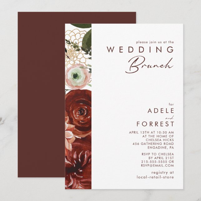 Convites Marsala Autumn Floral | Casamento Branco Brunch (Frente/Verso)