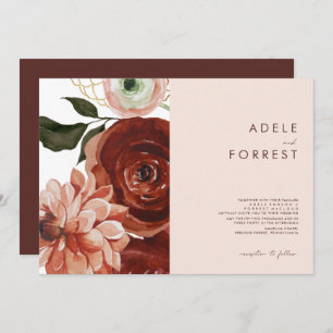 Convites Marsala Autumn Floral   Casamento Horizontal Blush