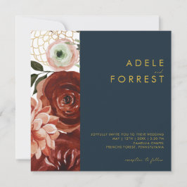 Convites Marsala Autumn Floral | Casamento quadrado Marinho