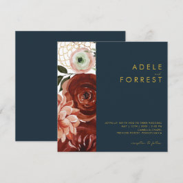 Convites Marsala Autumn Floral | Casamento quadrado Marinho