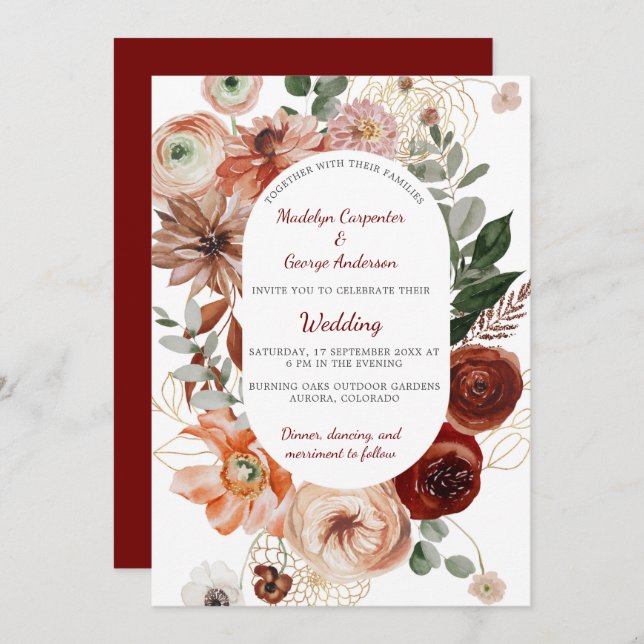 Convites Marsala Autumn Floral Frame Wedding (Frente/Verso)