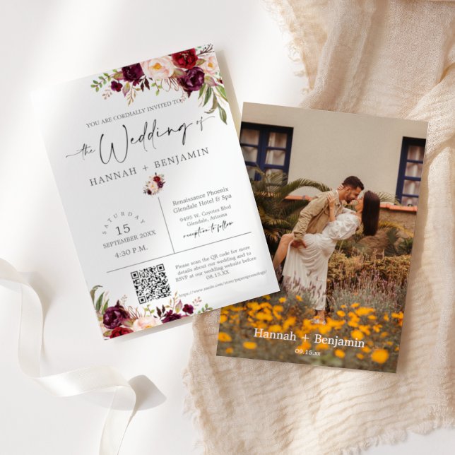 Convites Marsala Boho Wedding Moderno Código QR Mínimo Foto (Criador carregado)