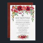 Convites Marsala-Burgundy Bat Mitzvah<br><div class="desc">Convites de morcegos florais de aquarelas com rosas e peônias vermelho-borrifadas e cor-de-rosa.</div>