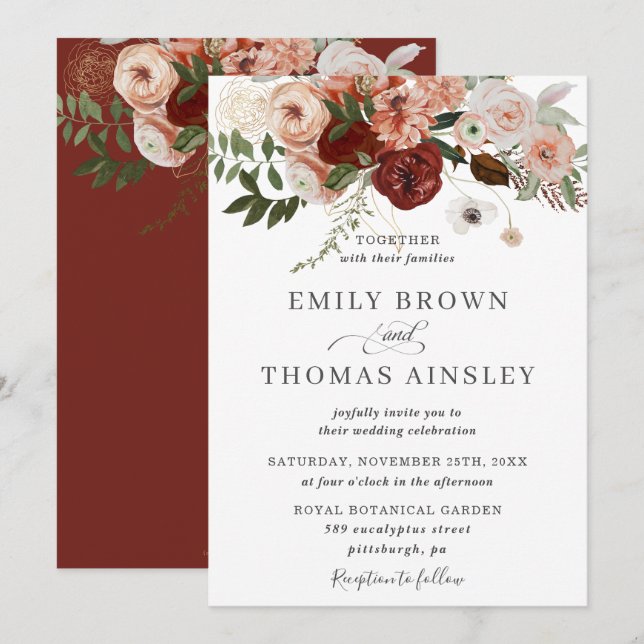 Convites Marsala Burgundy Blush Orange Greenery Casamento (Frente/Verso)