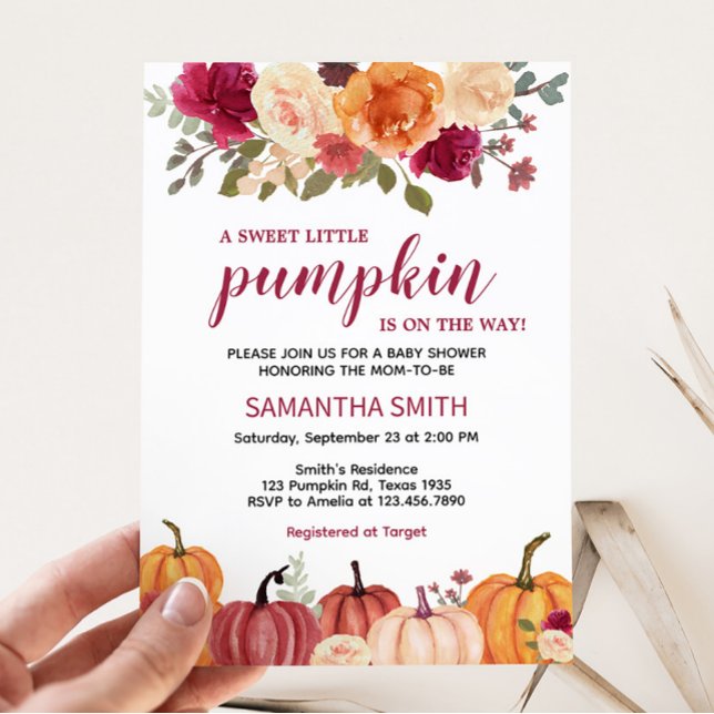 Convites Marsala Burgundy Chá de fraldas Floral Pumpkin (Marsala Floral Pumpkin Baby Shower Invitation)