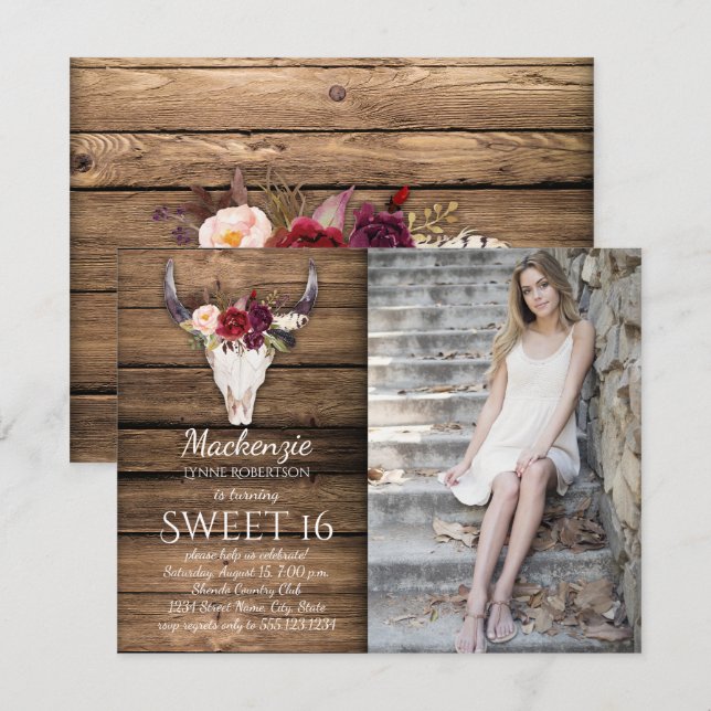 Convites Marsala Burgundy Flores Vaca Crânio Foto Sweet 16 (Frente/Verso)