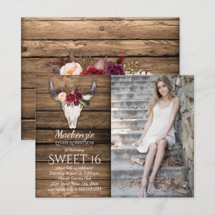 Convites Marsala Burgundy Flores Vaca Crânio Foto Sweet 16