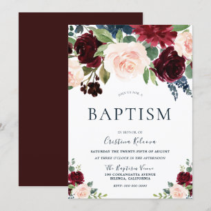 Convites Marsala Burgundy Red Blush Floral Baptism