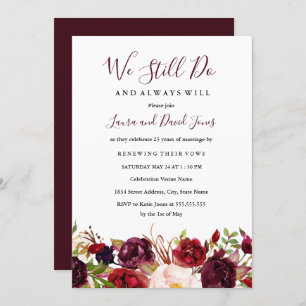 Convites Marsala Burgundy Red Floral Wedding Vow Renewal