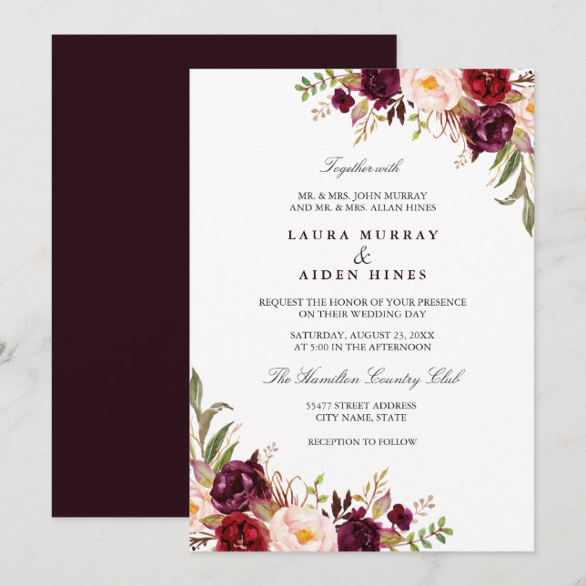 Convites Marsala Burgundy Watercolor Casamento Floral (Frente/Verso)
