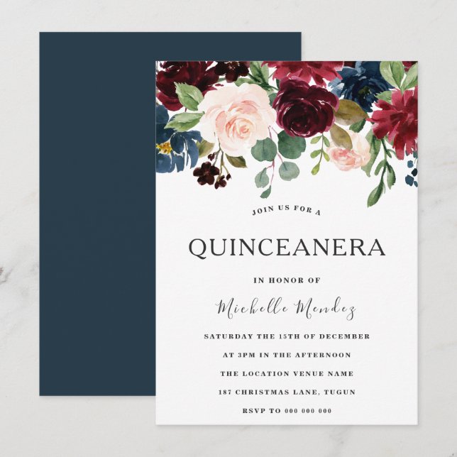 Convites Marsala Burgundy Watercolor Flowers Quinceanera (Frente/Verso)